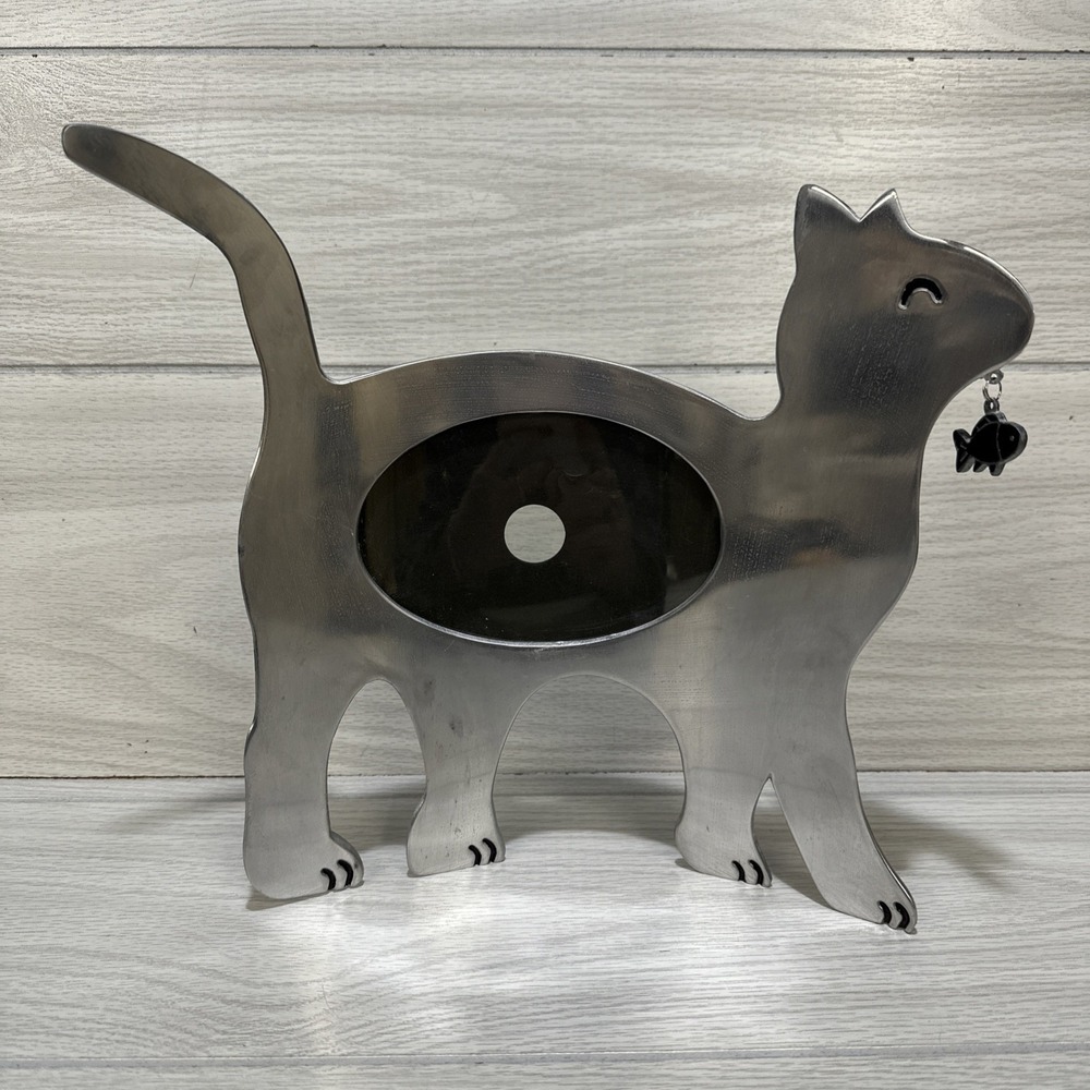Free-Standing Metal Cat Photo Frame Curved Metal Kitten Dangling Fish 12.5x11.5"